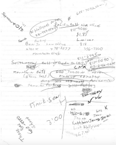Some of the scribbles found in the strongbox:  "402 months"..."North Hollywood Police...  " Ben Perkins, attorney at law"